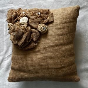 Burlap Decorative Throw Pillow with Burlap Roses and Rhinestones
